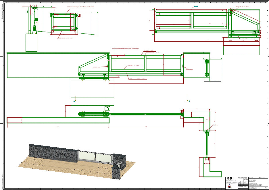 Automatisierte Schiebetoranlage mit Eingangspforte und Briefkasten. Füllung der Tore aus HPL – Platten
